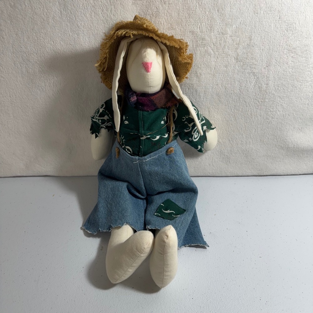 Adorable Bunny scarecrow Doll Plush Stuffed Animal Straw‎ Hat Denim Overall
